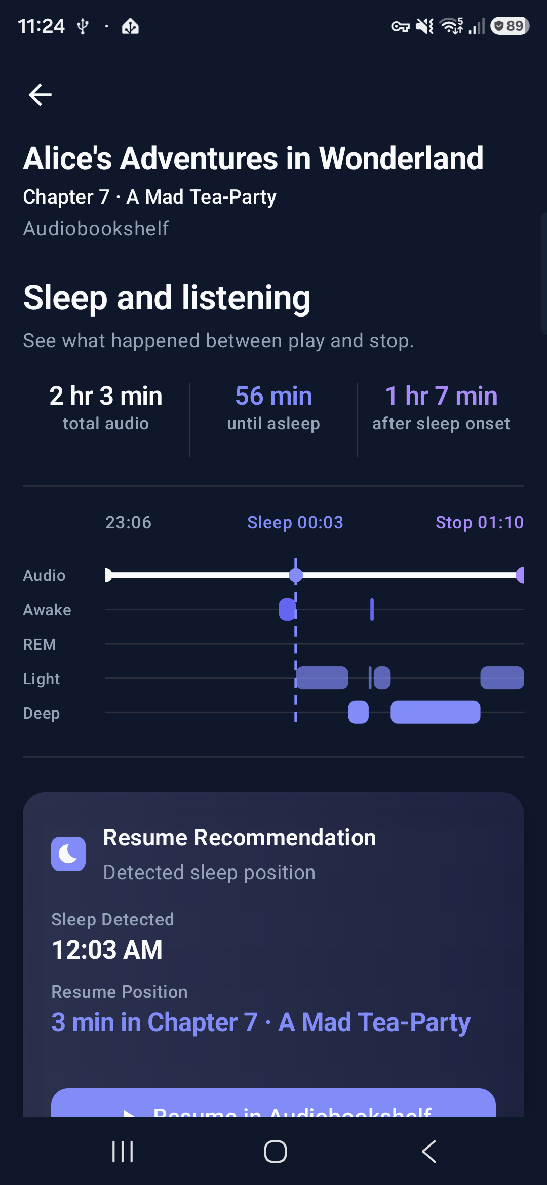 SleepTrack Audio showing Alice's Adventures in Wonderland, Chapter 7, beside a listening timeline, sleep stages, sleep onset at 12:03 AM, and a three-minute chapter-aware resume recommendation